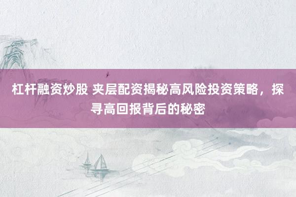 杠杆融资炒股 夹层配资揭秘高风险投资策略,探寻高回报背后的秘密