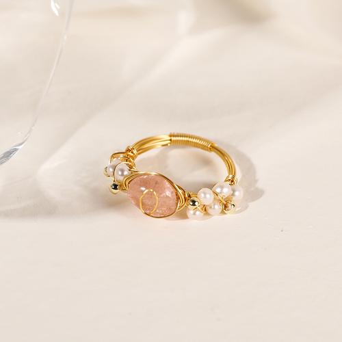 jz023天然淡水珍珠戒指韩版女天然石手工编织绕线金色食指戒指
